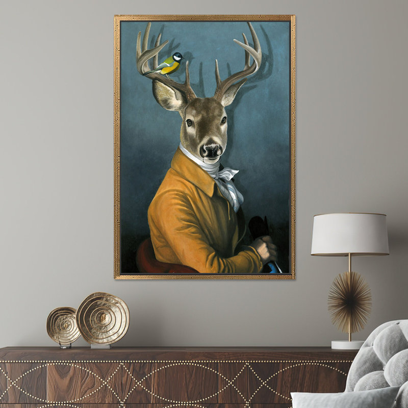Élégante œuvre d'art sur toile, cerf et oiseaux, H: 17,8 po x l: 13,8 po