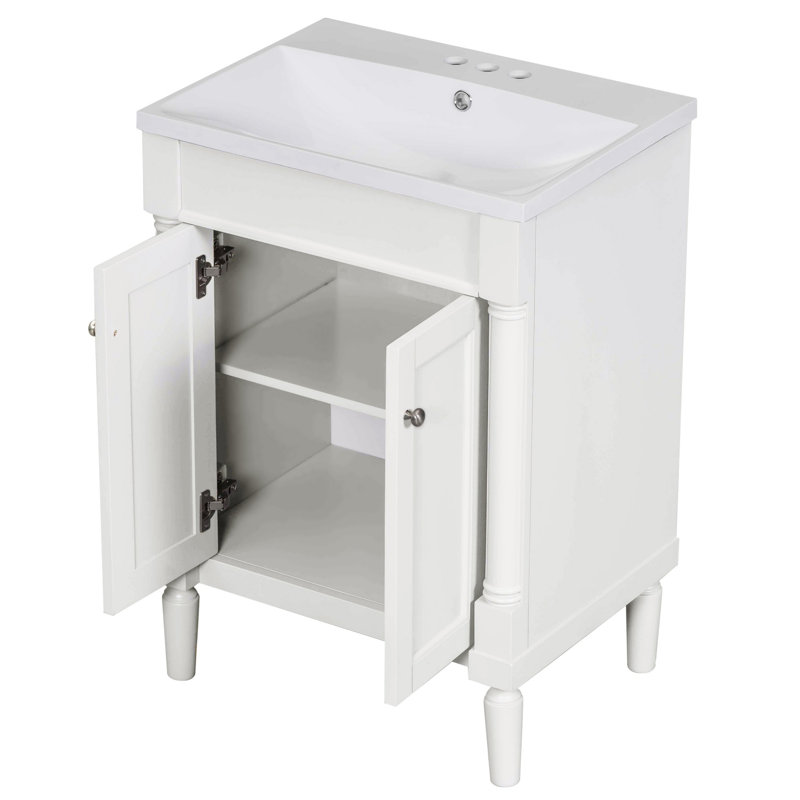Meuble-lavabo de salle de bain avec lavabo supérieur et tablettes de rangement, Blanc