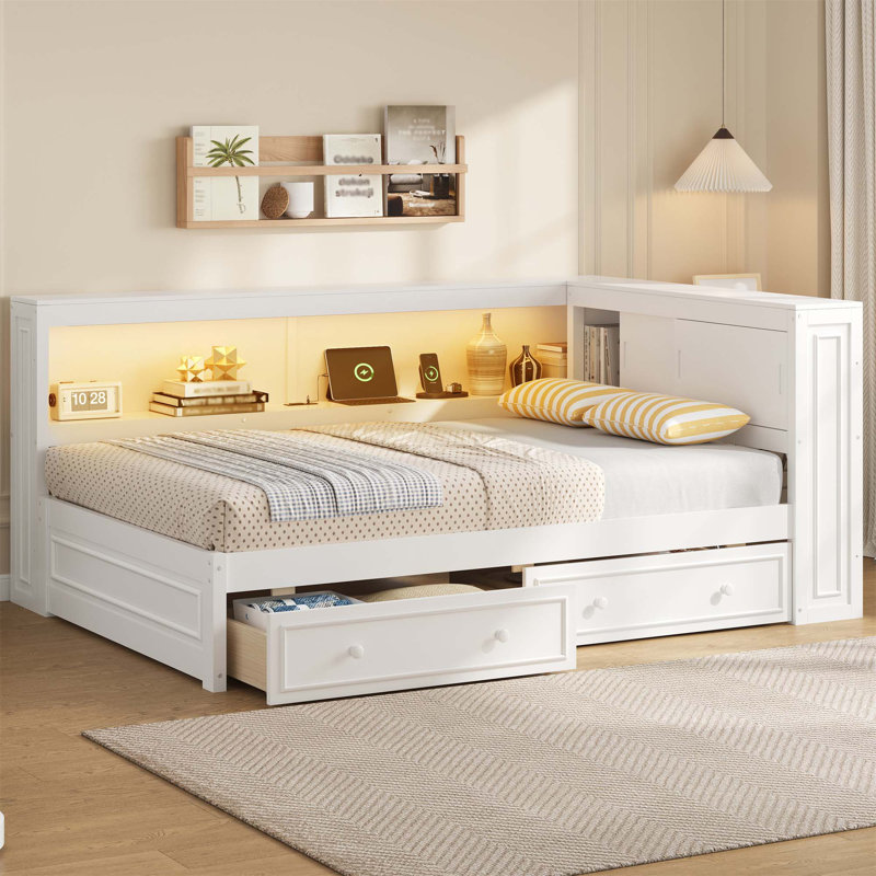 Full Size Wood Daybed With Storage Shelves, USB, LED, And 2 Drawers, Ideal For Modern And Functional Living Spaces, White