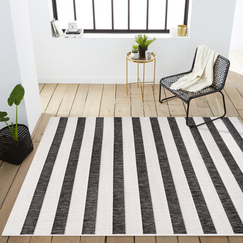 Aveiro Wide Stripe Black/Cream Indoor/Outdoor Rug, Rectangle 3'11" x 6'