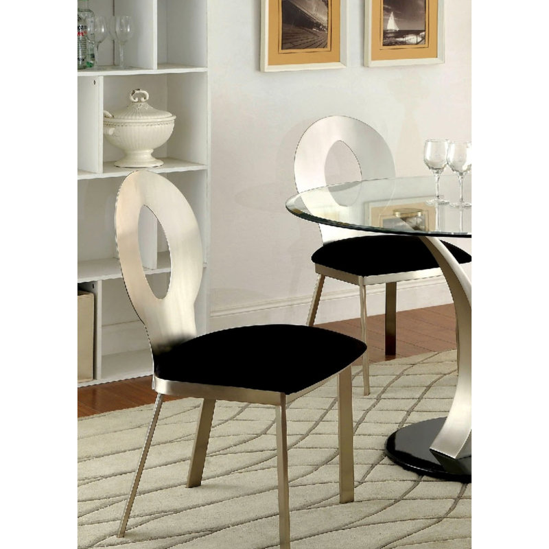Chaises de salle à manger en métal avec dossier ovale, couleur argent, rembourrage en microfibre, siège noir, 2 chaises à dossier moderne, métal, rembourrées 2