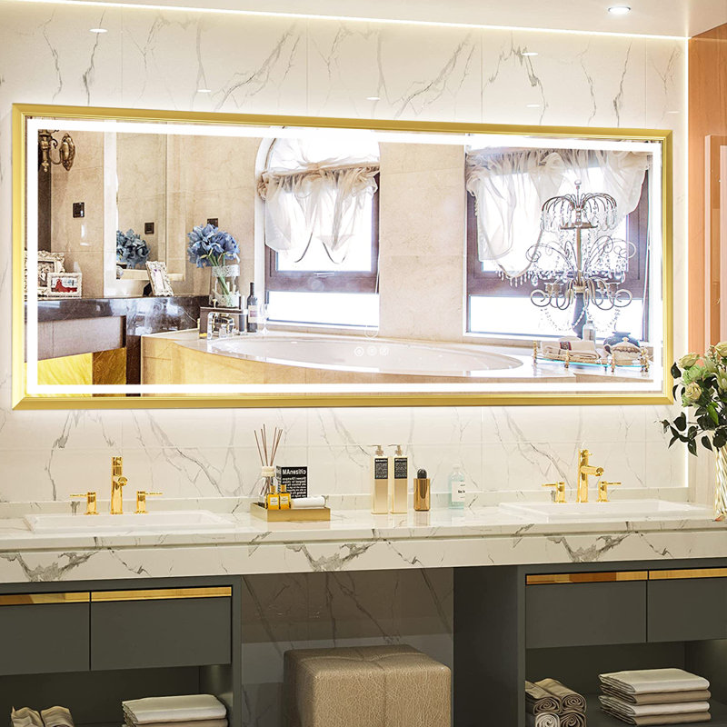 Novel Rectangular Modern LED Light Anti-Fog Bathroom Glass Hanging Mirror, 38" x 88", Gold