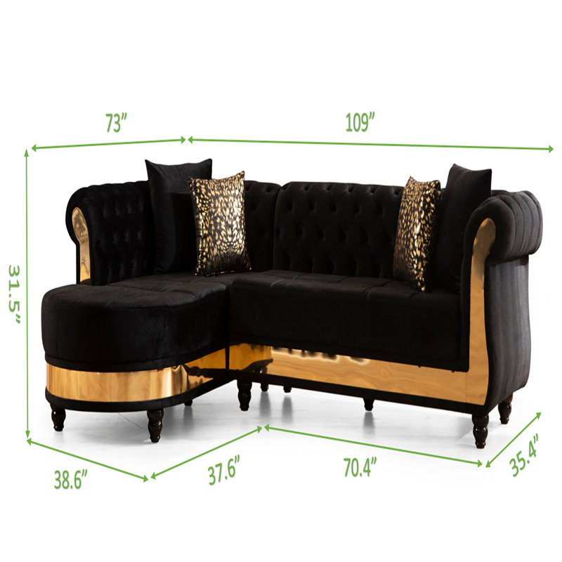Canapé modulaire en bois capitonné doré, Velours noir, Noir