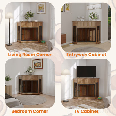 Meuble de rangement en coin pour chien de 44,6 po en MDF pour petits / moyens chiens, table de bout décorative pour chenil avec rangement cannelé, cage de rangement pour chien moderne et peu encombrante pour l'intérieur de la maison (noyer)