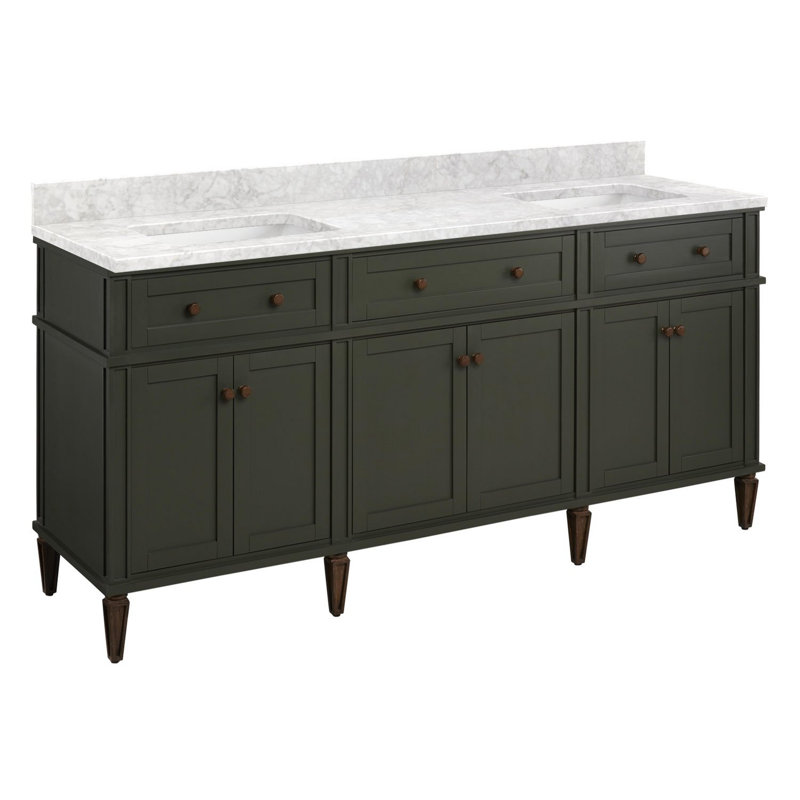 72" Elmdale Double Vanity for Rectangular Undermount Sinks, Dark Olive Green, Carrara Marble, No Faucet Hole