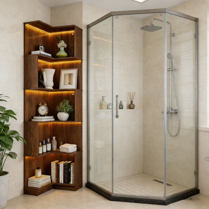 Étagère de rangement de salle de bain à 5 niveaux avec 16 lumières DEL de couleur et 4 modes dynamiques, support pour tablette en L