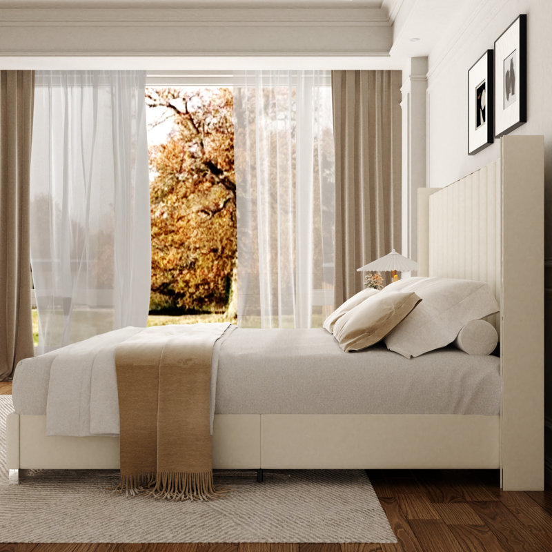 Structure de lit plateforme en velours avec tête de lit 58 po, Beige, Roi