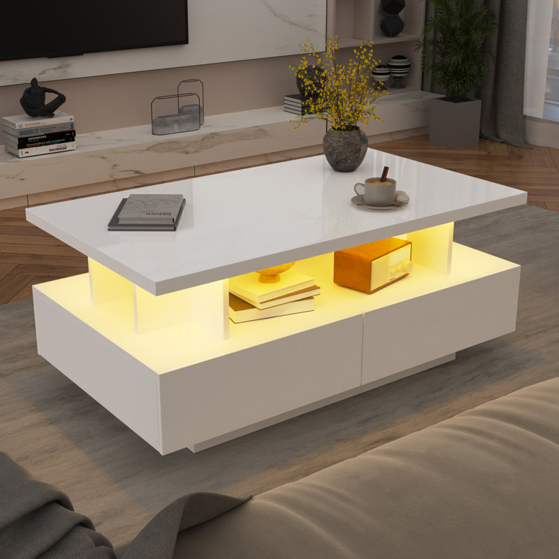 LED Coffee Table, Modern High Gloss Living Room Table With 4 Drawers, Stylish Center Table For Living Room, Office And Apartment