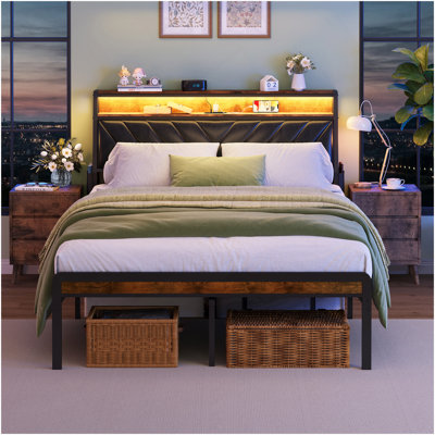 Full Size Platform Bed Frame With 105-Degree Tilted Upholstered Headboard, Charging Station, LED Lights, Noiseless, Black And Brown