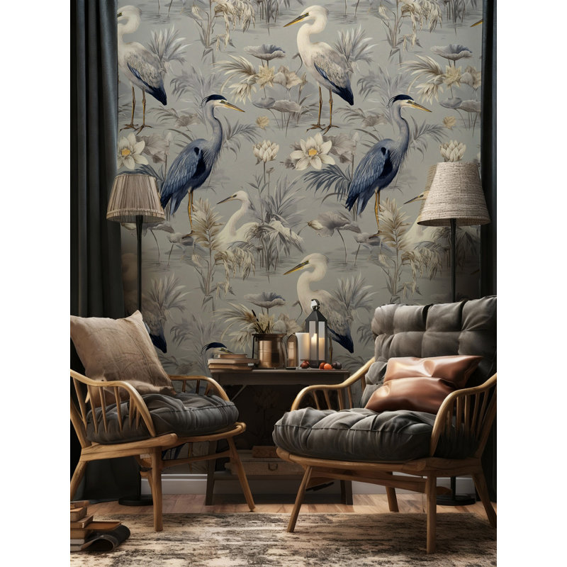 Papier peint botanique rétro héron et lotus en gris et bleu, 90" L x 140" W, Peel & Stick