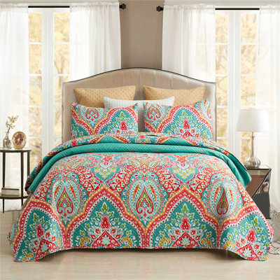 QSM0920210706 Turquoise/Tangerine Microfiber Reversible 3 Piece Quilt Set