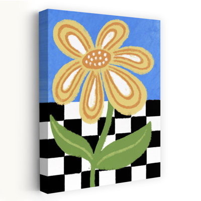 Affiche murale d'été abstraite et colorée à damier de fleurs joyeuses, motif tournesol, style contemporain
