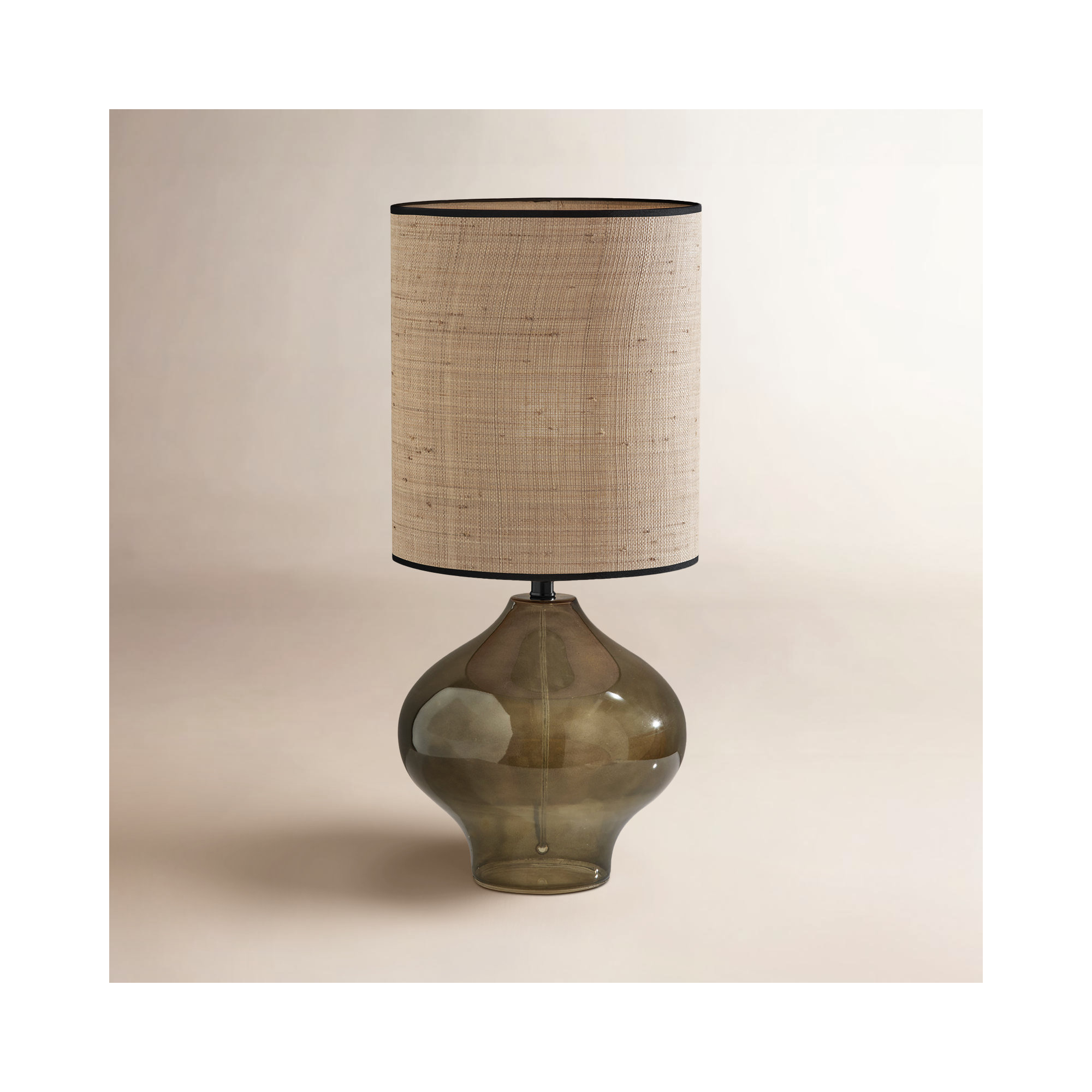 Philomena Glass Table Lamp, 28.50" H x 13" W x 13" D, Natural Woven Rattan/Black Trim, Dark Green/Black