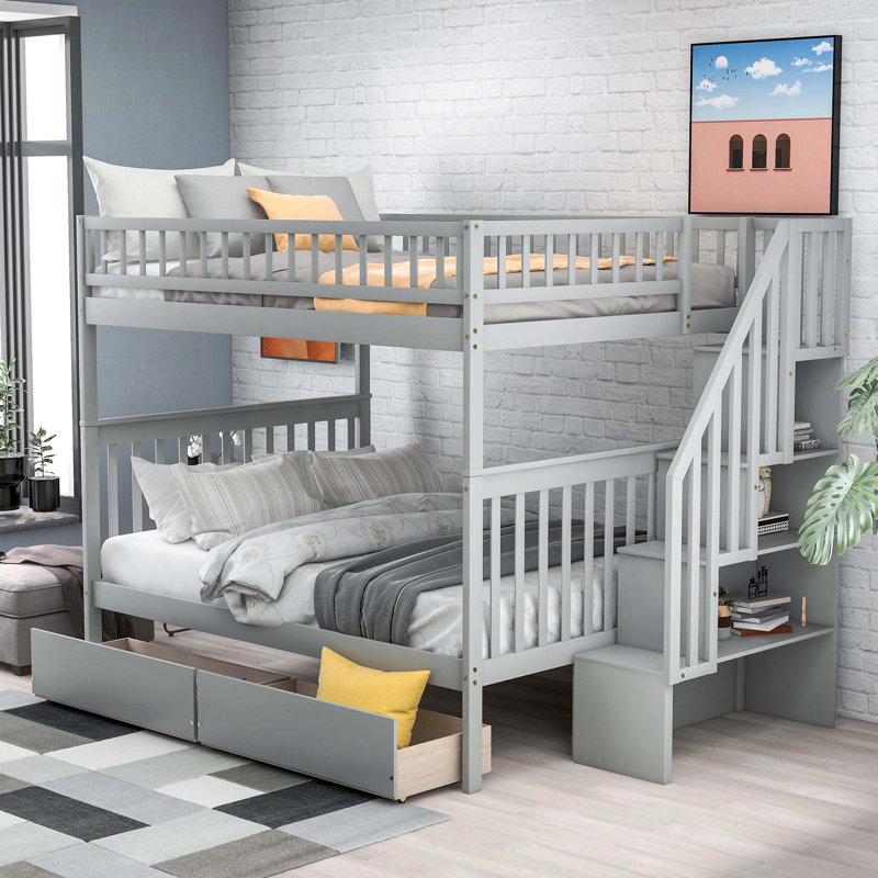 Lit superposé double au-dessus de double avec tiroirs sous le lit et grand espace de rangement intégré, gris, Gris