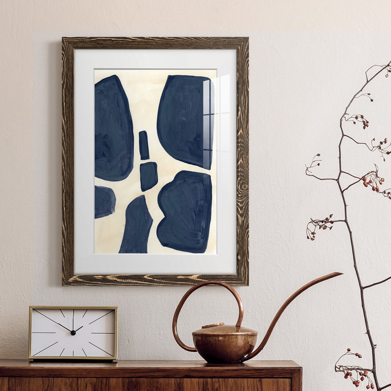 Pièces bleues II - peinture encadrée, Encadré de bois de noyer, H 43,5 po x l 31,5 po x P 1 po