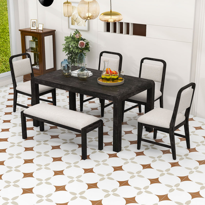 Table de salle à manger extensible Vintage pour 4 à 6 personnes, table en bois rustique avec 4 chaises rembourrées et banc