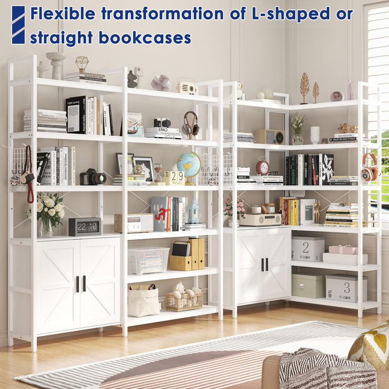 6 Tire Farmhouse Bookshelf And Etagere Bookcases With Storage Cabinet & 2 Barn Doors & 10 Storage Shelves, White