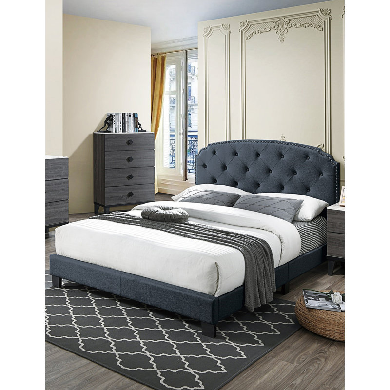 Grand lit 1pc avec tête de lit capitonnée cloutée, Grand lit, Gris anthracite