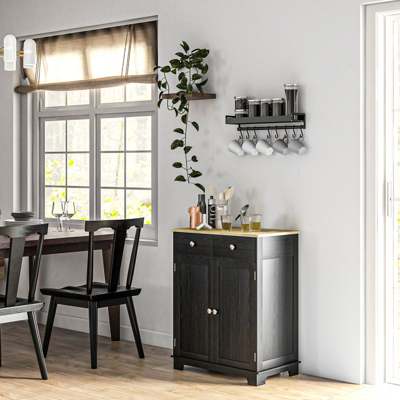 Buffet en finition noire patinée - comptoir en bois massif, 2 tiroirs, portes, tablette réglable pour comptoir noir, rangement pour patio