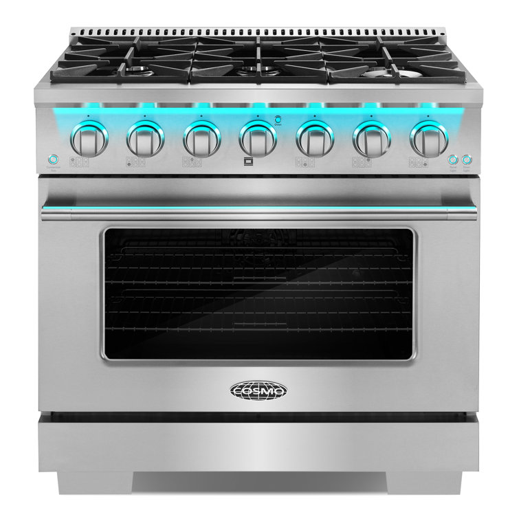 Cosmo 36 in. Vista Collection 4.5 cu. ft. Gas Range, 6 Burners, Convection Oven, LED Light Panel in Modern Stainless Steel