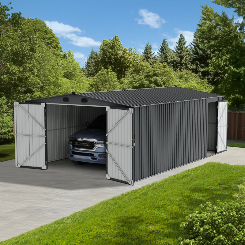 Sunjoy Outdoor Storage Shed 13 x 20 ft. Carport, Patio Metal Utility Large Storage Shed Garage with 2 Doors and 4 Vents, for Car, Truck, Bike, Garbage Can, Tool, Lawnmower