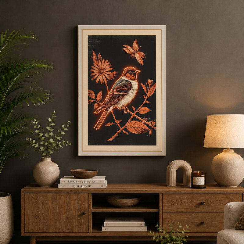 Bird on Flowering Branch Botanical - Wrapped Canvas, 36x24 - 91.4 x 61.0 cm, Ochre Border