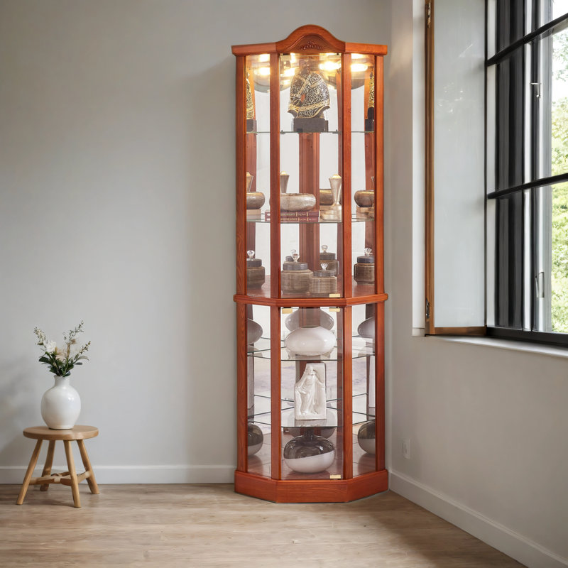 Armoire de coin en verre avec éclairage, Chêne, Oui