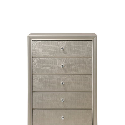 Modern Glam Five-Drawer Chest with Embossed Crocodile Pattern and Faux Crystal Pulls, for Stylish Bedroom Storage