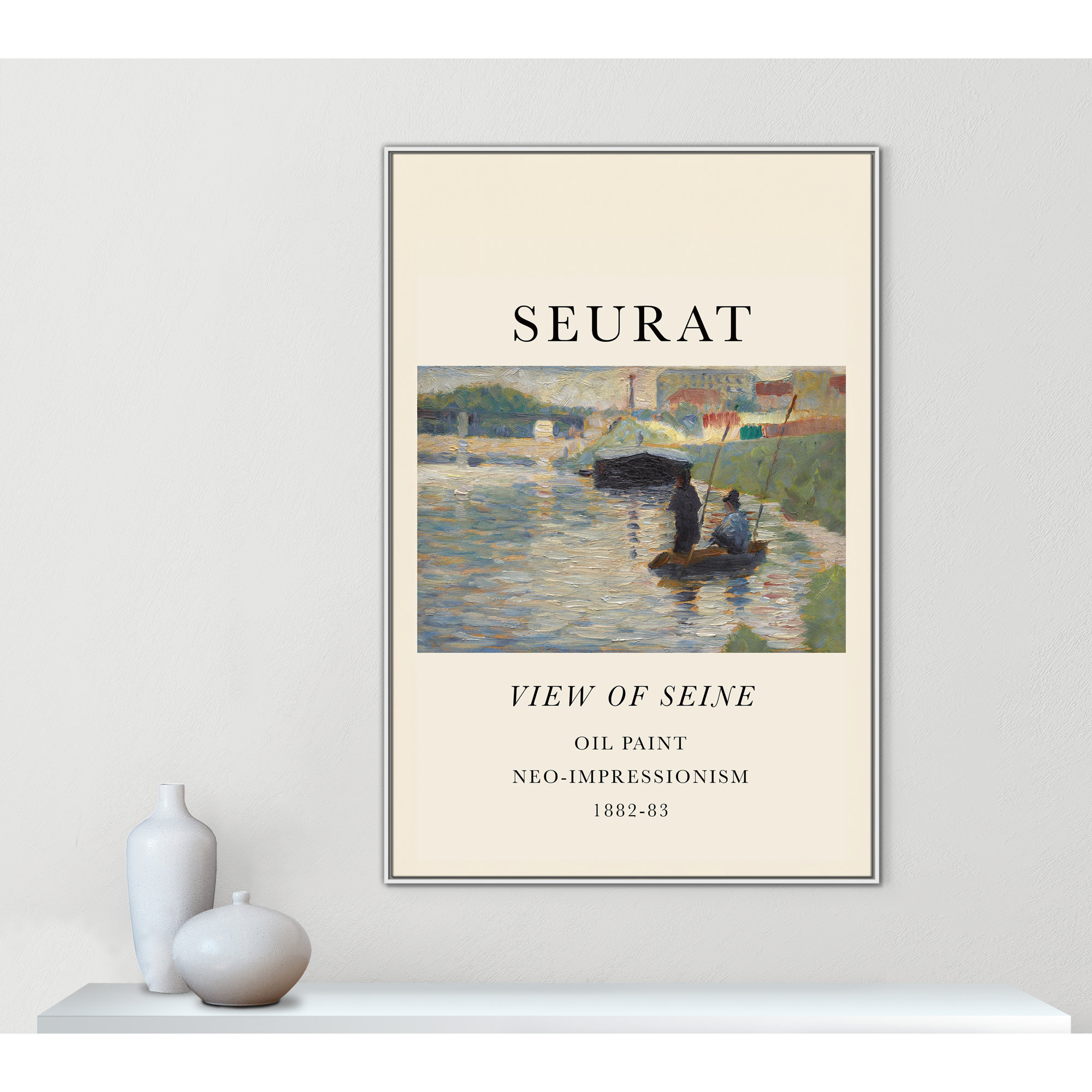 View Of Seine by Georges Seurat, White Floater Frame, 61.5" H x 41.5" W x 2" D, No