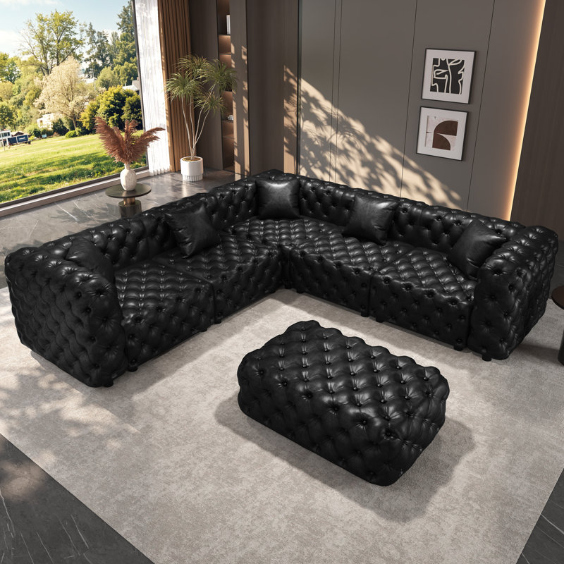 Ensemble de canapé modulaire en similicuir avec repose-pieds 132,5 po Chesterfield, 5-Seater+Ottoman, Black