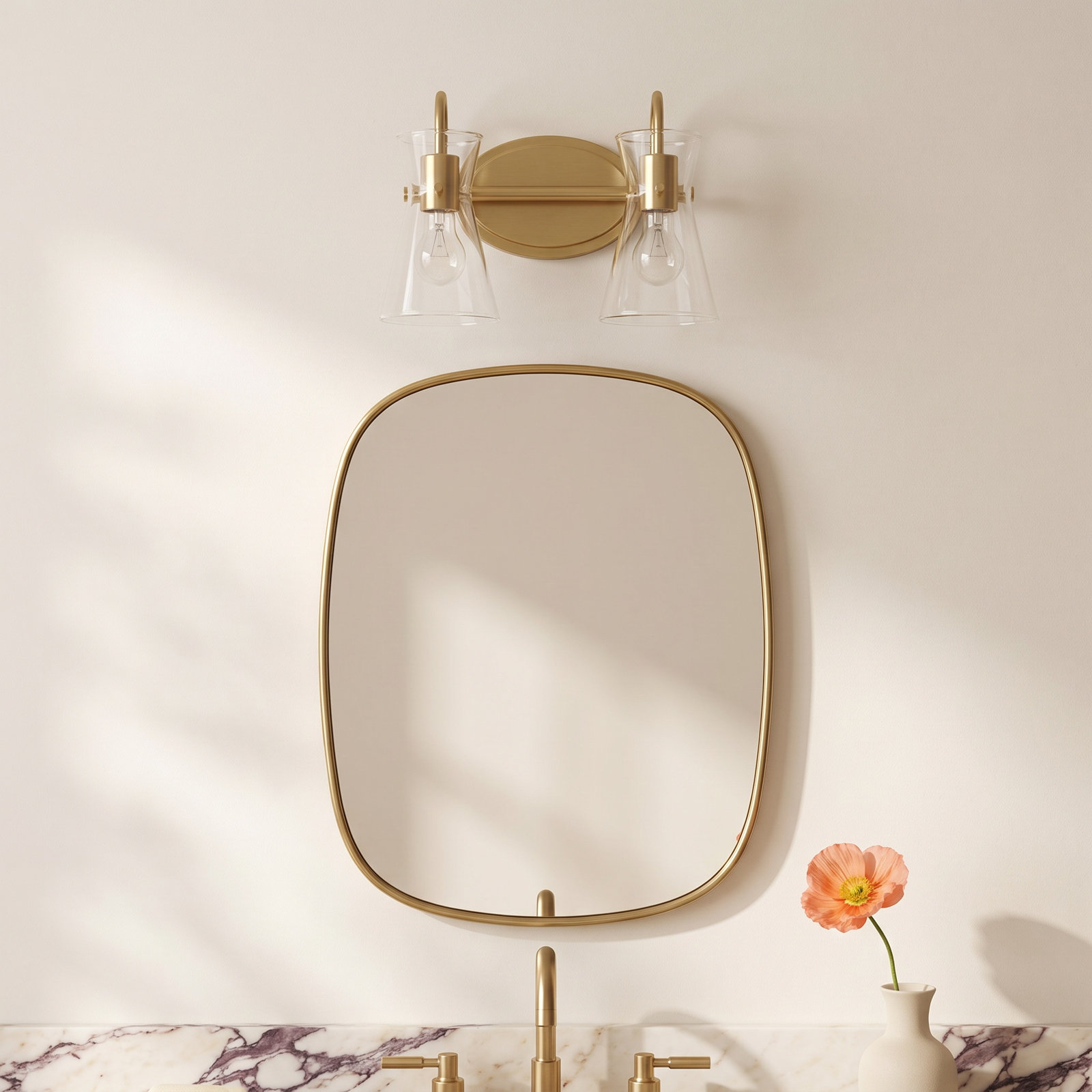 2 Light Transparent Dimmable Vanity Light, Natural Aged Brass