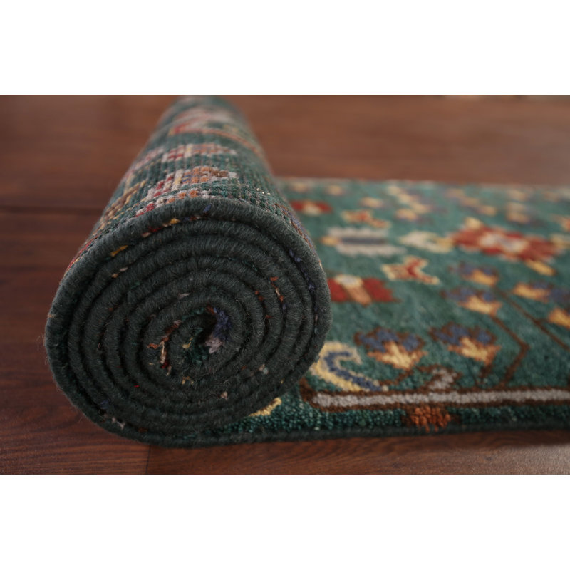 Tapis de couloir indien fabriqué à la main vert Kazak 2 x 10