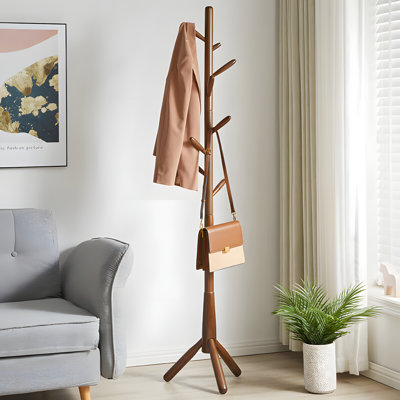 Solid Wood Coat Rack For Bedroom, Freestanding Clothes Hanger With Multiple Hooks, Sturdy And Space-Saving Garment Organizer For Home