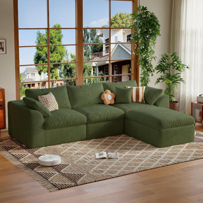 Canapé d'angle modulaire Cloud en forme de L, 108 po, sans ossature, avec pouf, velours mousse, mousse double couche, dossiers amovibles, aucun assemblage requis, vert