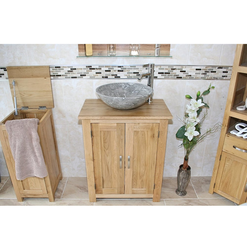 Cowen 650mm Single Bathroom Vanity with Vessel St1 Basin, Grey Marble, Light Wood, Oak