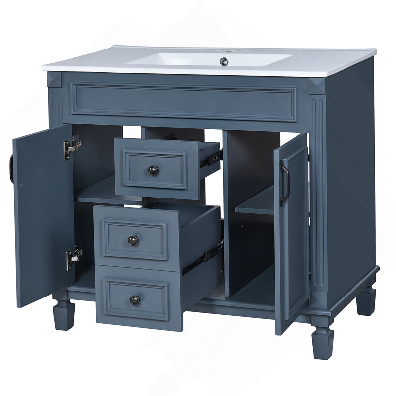 Meuble-lavabo 36 po avec lavabo supérieur, armoire de rangement moderne avec 2 portes à fermeture douce et 2 tiroirs, meuble-lavabo simple
