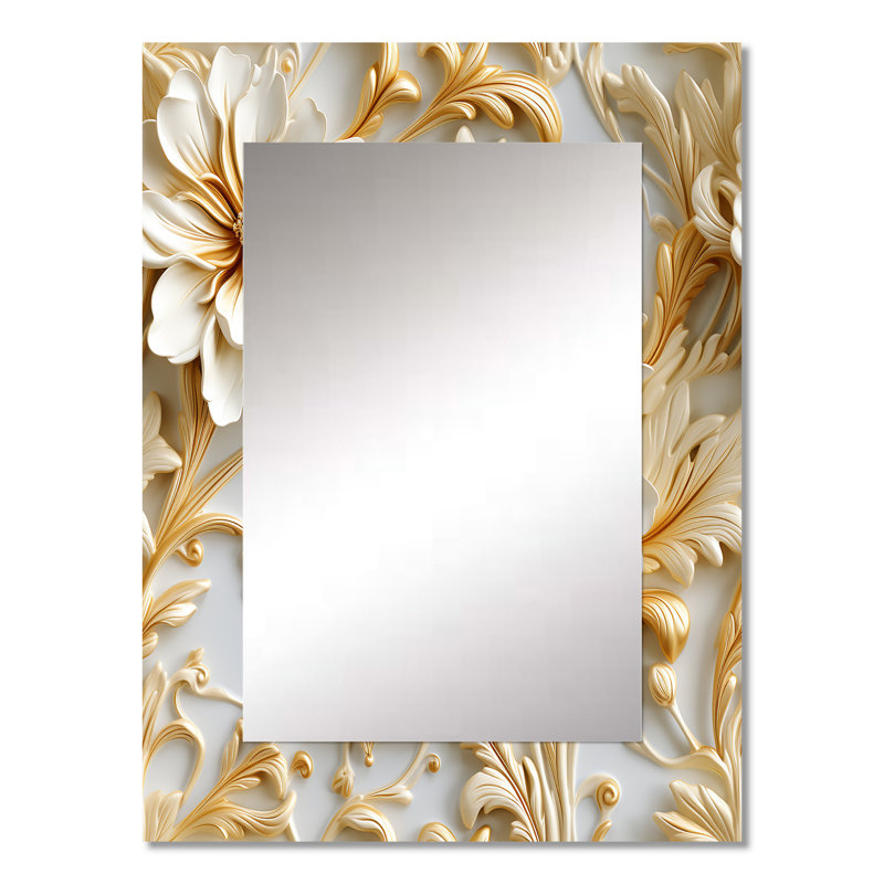Gold And White Royal Flower Garden Serenity - damask  Large Wall Mirror, Damask Decorative Mirror, Printed Metal Art