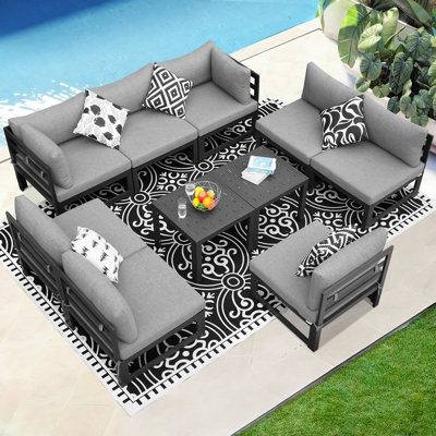 Gillean 8 - Person Modern Aluminum Outdoor Sectional Seating Group with Cushions & Coffee Table, Rust-Resistant Patio Conversation Set