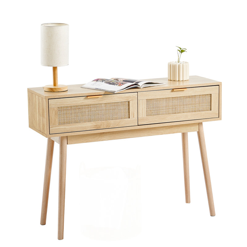 Natural Oak and Rattan Console Table with Storage Drawers