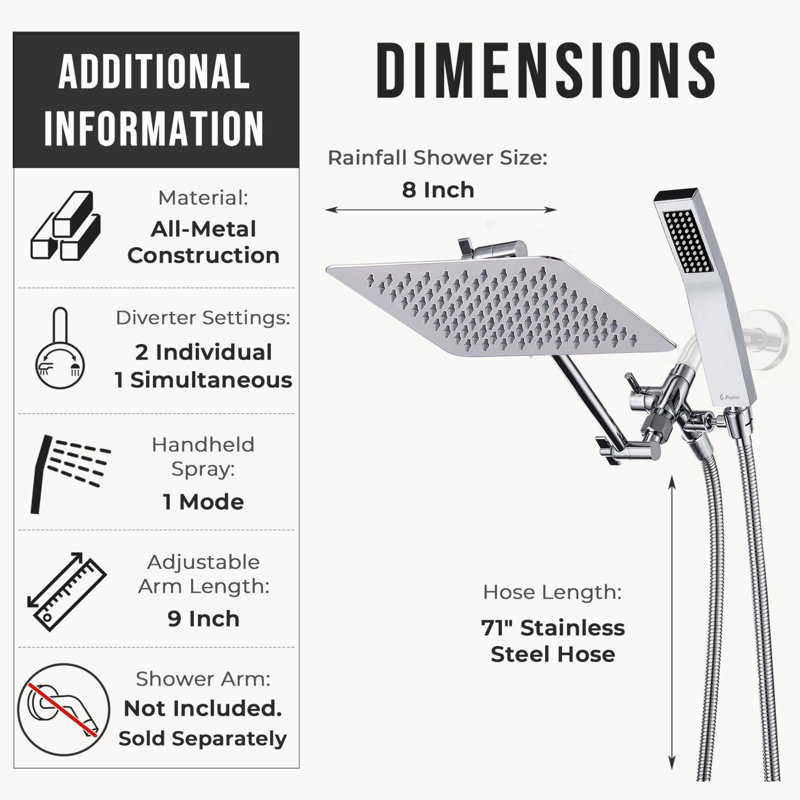All Metal Dual Square Rain Shower Head with Handheld - Adjustable Arm & 3-Way Diverter