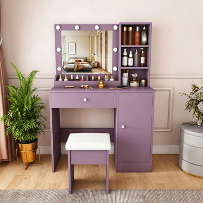 Ensemble de coiffeuse avec tabouret rembourré et miroir lumineux réglable Uwant