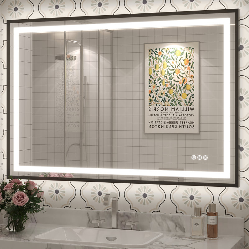 Molly Black Metal Framed LED Front Light and Backlit Anti-Fog Wall Bathroom/ Vanity Mirror, 44" x 30", Black