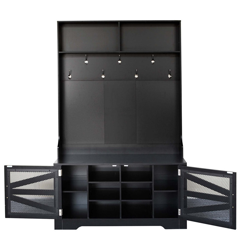 Entryway Bench with Coat Rack, 3-in-1 Design and Adjustable Shelves, Hall Tree with 7 Hooks for Entrance, Living Room, Black