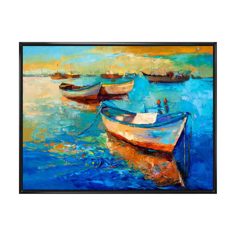 Bateaux en mer - Reproduction de photo sur toile, H 12 po x l 20 po x P 1 po, Toile avec cadre flottant noir