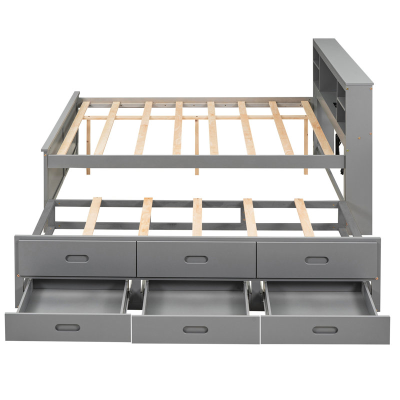 Lit plateforme double avec rangement pour tête de lit, lit gigogne simple et 3 tiroirs gris - Design polyvalent et durable