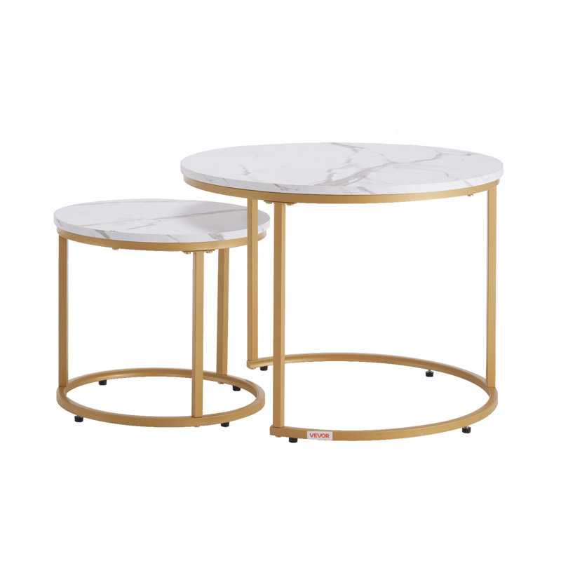 Nesting Coffee Table Set of 2, Round Coffee Table, Nesting Tables for Small Place, Vintage End Side Tables Night Stand with Metal Frame, for Living Room, Bedroom, Office (White & Gold)