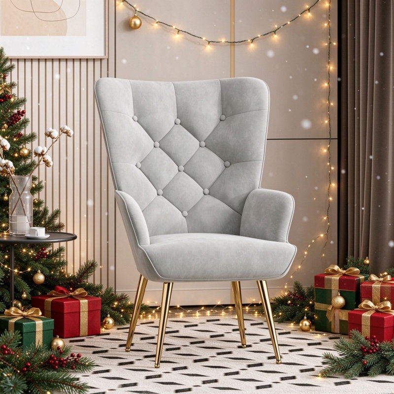 Bastoam 50Cm Wide Tufted Velvet Wingback Chair, Grey, 1