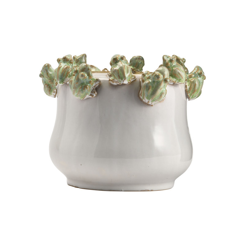 Decorative Stoneware Planter with Frog Figurine Rim