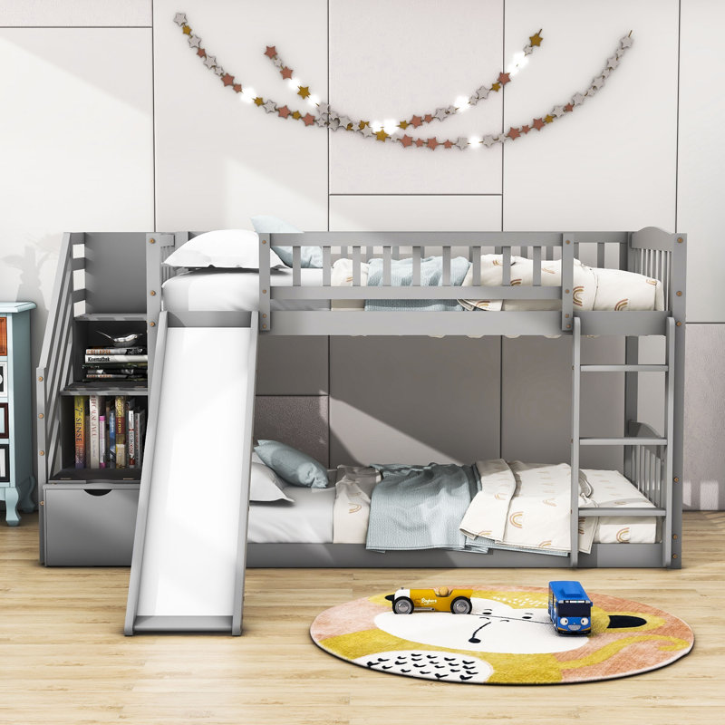 Twin Over Twin Wood Bunk Bed with Slide and Storage Staircase, Gray