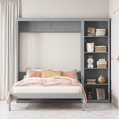 Lit escamotable complet peu encombrant avec tablettes et lattes flexibles, gris - se plie jusqu'à 15,7 po